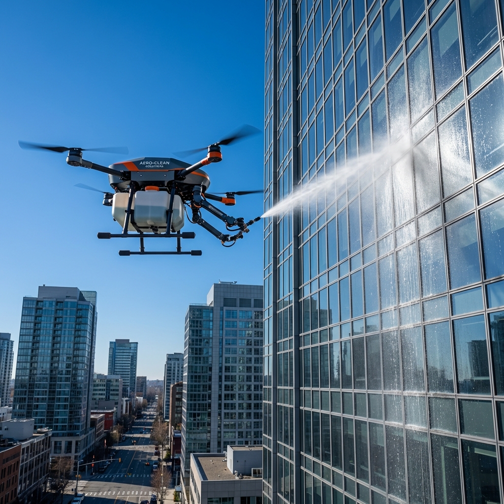 Drone limpando fachada de vidro